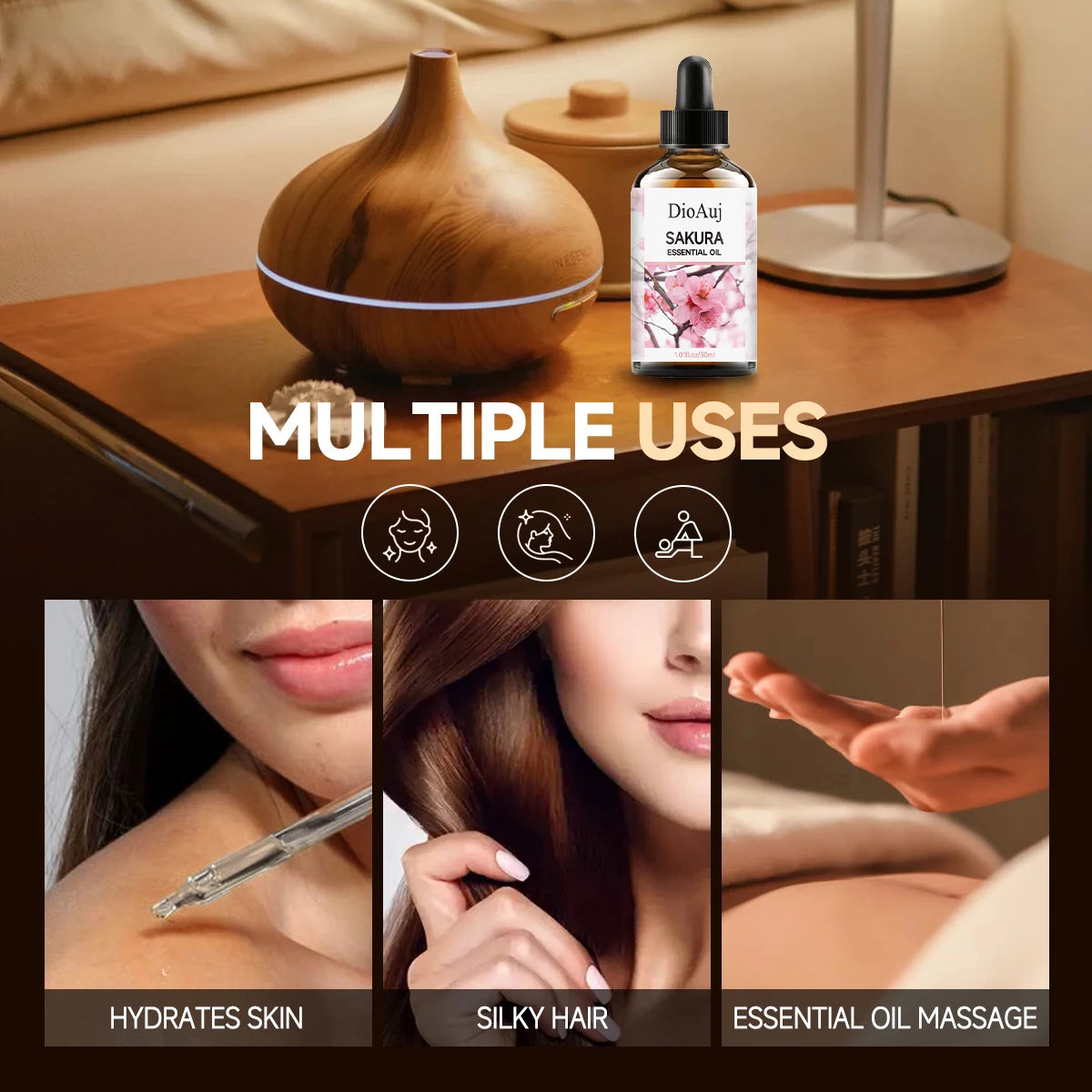 DioAuj30ml/60ml Sakura plant extract facial skin care essential oil, aromatherapy lasting fragrance, body care moisturizing