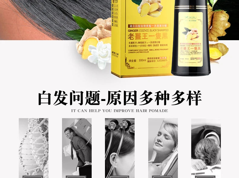 Mokeru 1pc Ginger shampoo Herbal Non Allergic Natural Fast Blacking Gray Hair Dye Black Shampoo For White Coloring